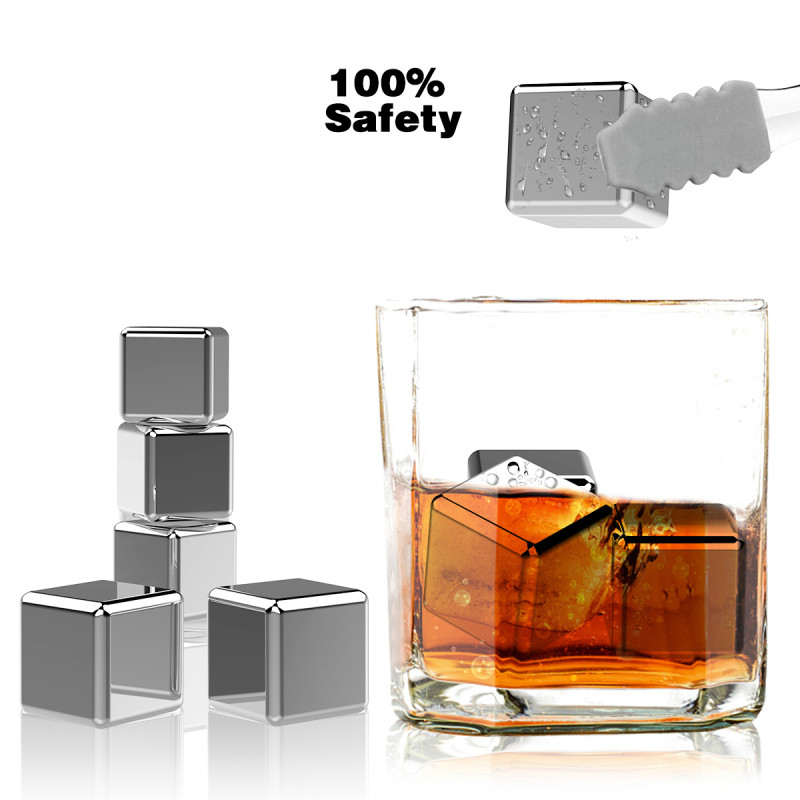 6 pieces of reusable frozen stones in stainless steel ice cubes, used for whiskey cooler rock vodka beer drinks lasting ice cold