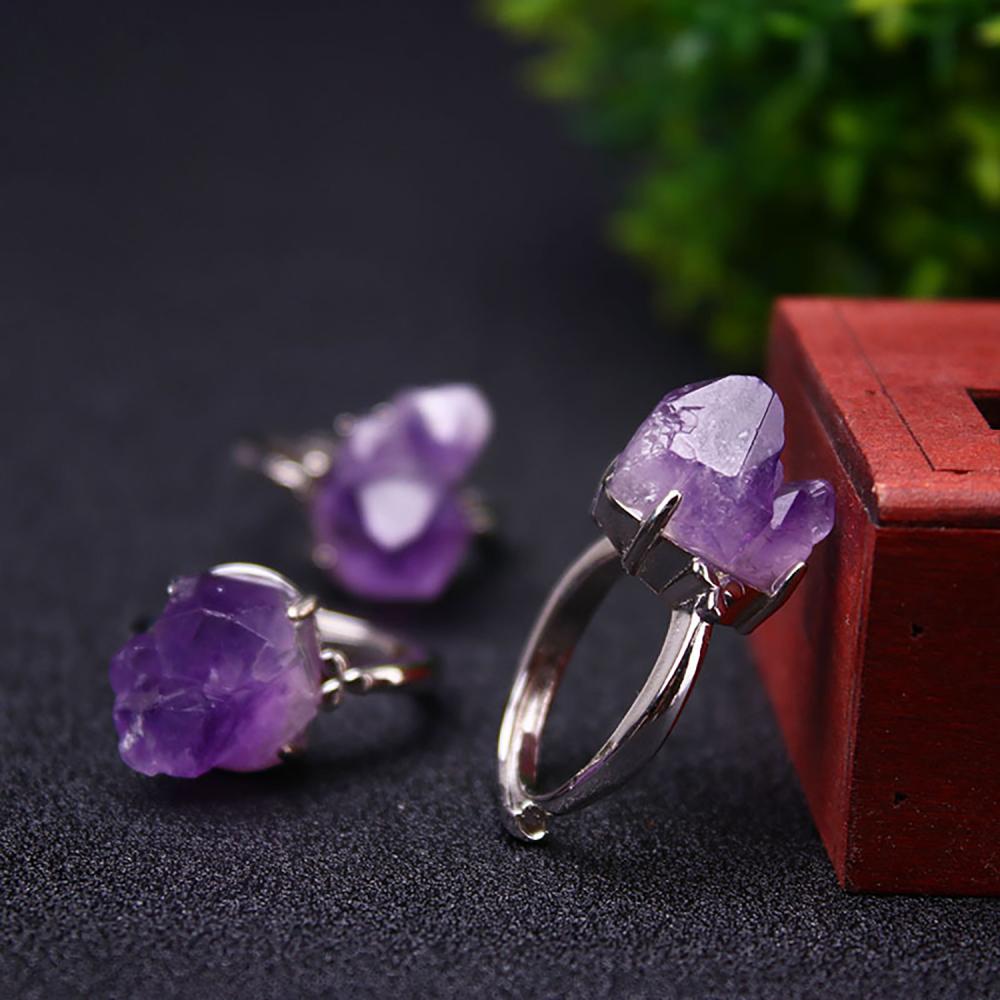 Natural amethyst ring raw ore simple personality adjustable metal meditation healing Yoga calm Worry Stone gift jewelry