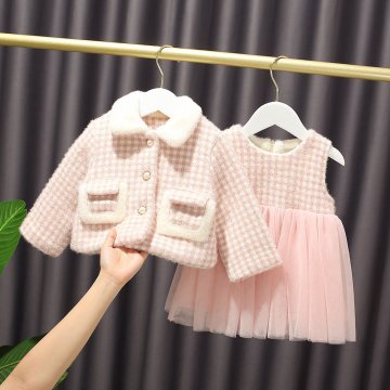 Winter Princess Clothes Set Girls Children Kids Baby Thicken Plaided Coat Outwear Jacket+Velvet Tank-Dress 2PCS Outfits S11027
