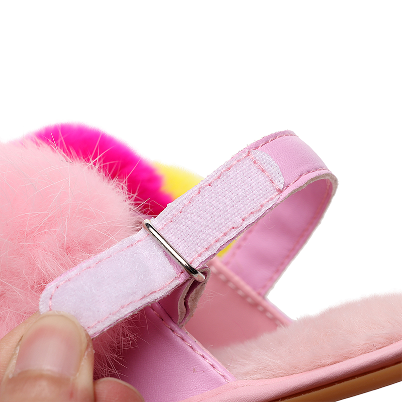 2020 New Baby Sandals Rabbit Fur Ball Slippers PU Lether Baby Girls Shoes Infant Toddler First Walking Moccasins Baby Shoes