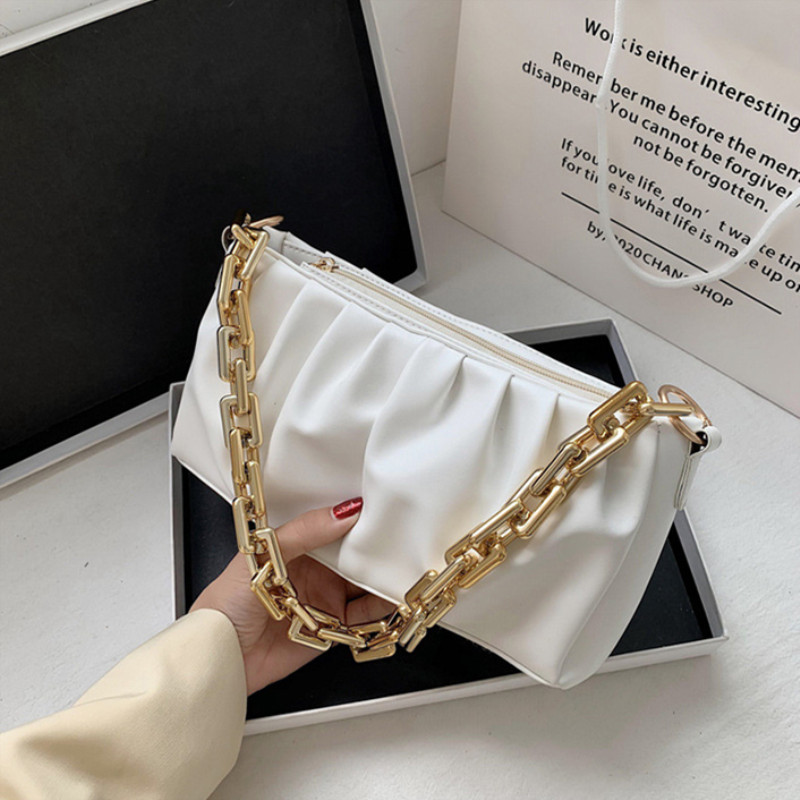 Fashion Chains Shoulder Bag For Women Pleated Cloud Bags Soft PU Baguette Bag Solid Color Handle Bag Female Shopping Small Totes