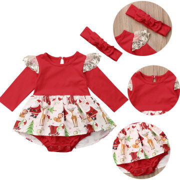 Newborn Baby Girl Christmas Bodysuit Babies Xmas Jumpsuit Headband Outfits Clothes Sets