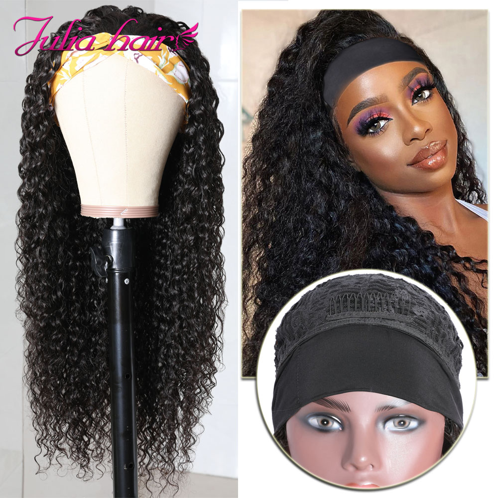 Julia Malaysian Curly Headband Wig Human Hair 8"-28" Glueless Headband Scarf Wig No Gel Jerry Curl Human Hair Wig with Headband