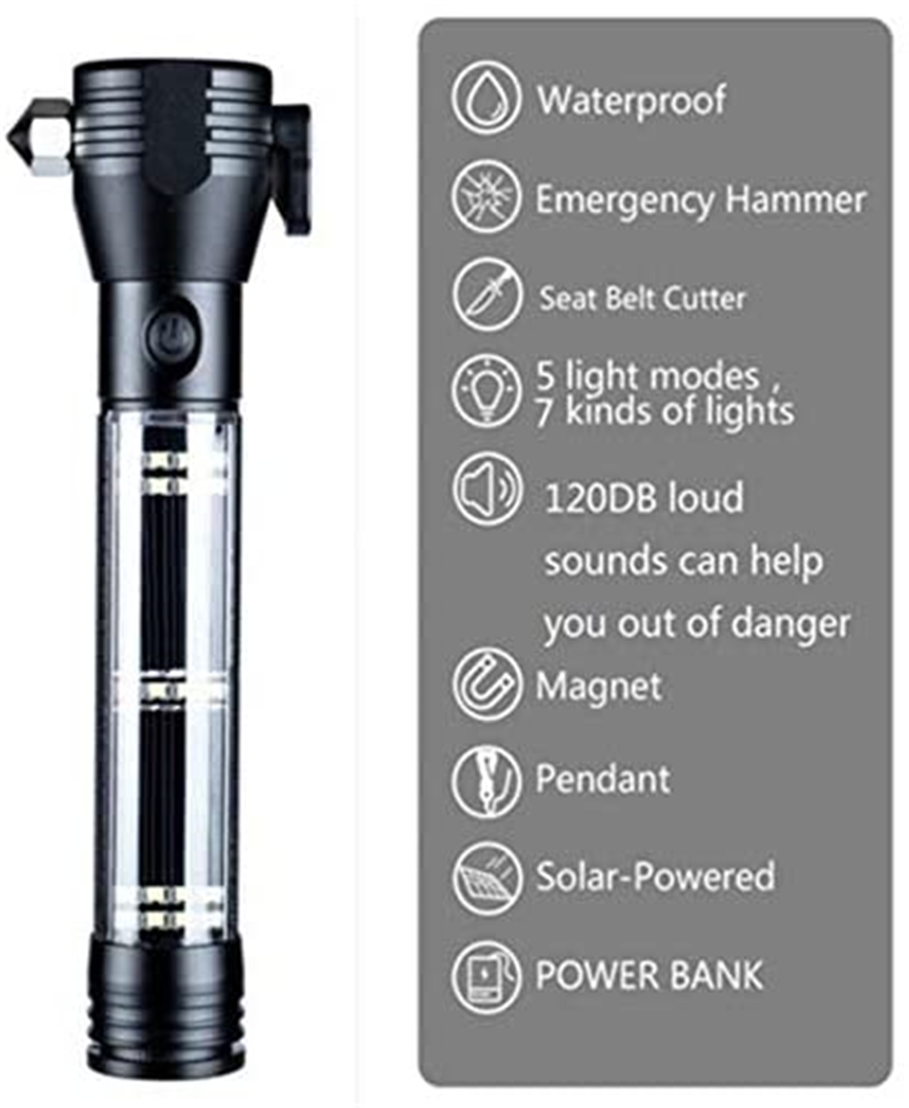 Portable Solar Powered LED USB Flashlight Safety Hammer Torch Light With Power Bank Magnet Survival Emergency Light