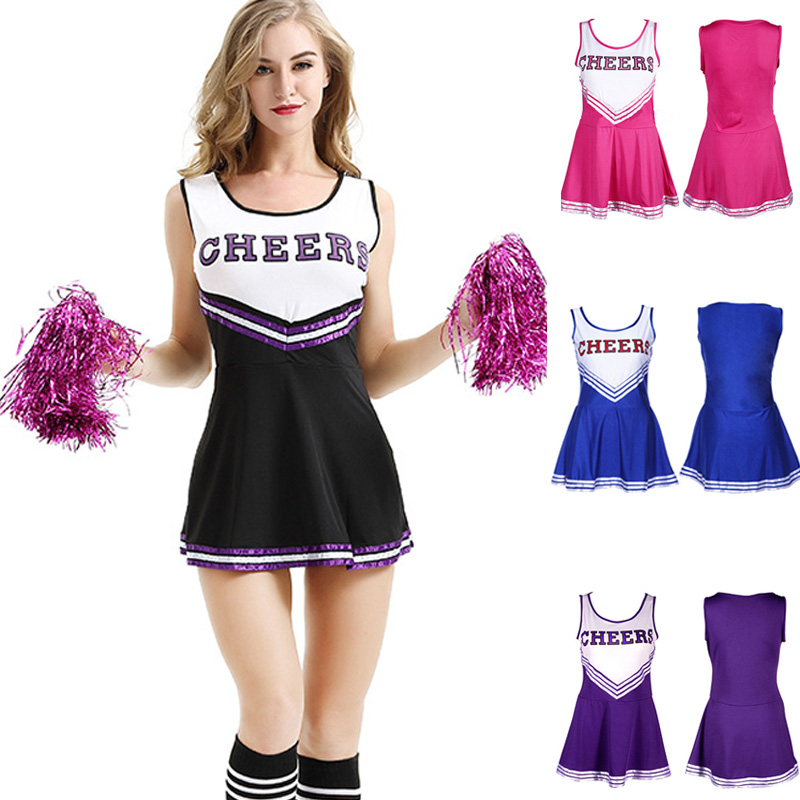 Girl Sexy Cheerleader Costume Skirt Sports Uniform With Pom Poms Musical Halloween Party Fancy Dress Team School Show Clothes