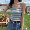 OUMEA Women Knitted Rib Cami Top Rainbow Stripe Plain Color Ribbed Crop Top Summer Sexy Skinny Cotton Camis Going Out Tank Top