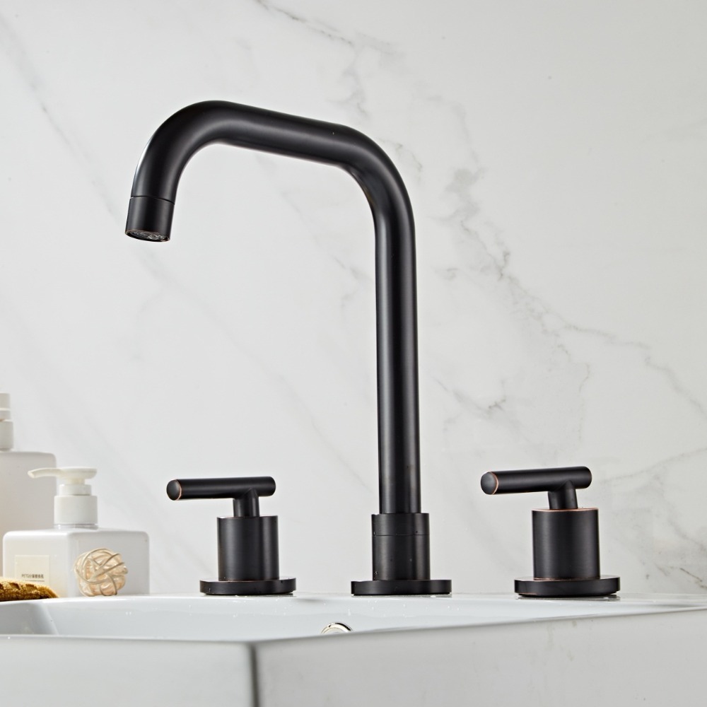 Basin Faucets Brass Polished Black Deck Mounted Square Bathroom Sink Faucets 3 Hole Double Handle Hot And Cold Water Tap XR8243