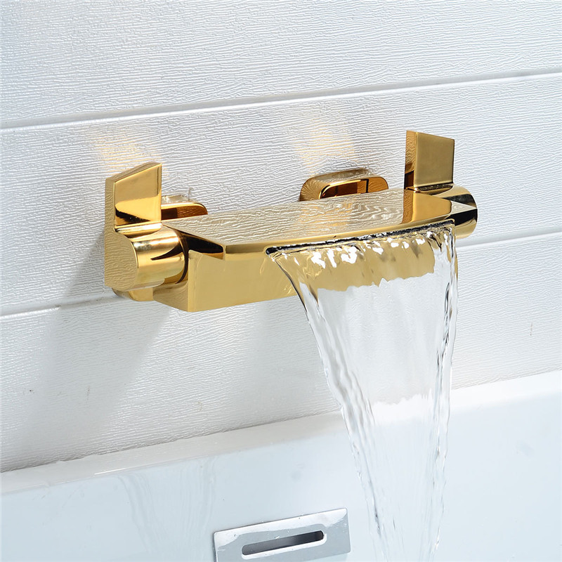 Tuqiu Bathtub Shower Set Wall Mounted Waterfall Bathtub Faucet, Bathroom Cold and Hot Bath and Shower Mixer Taps Brass Gold