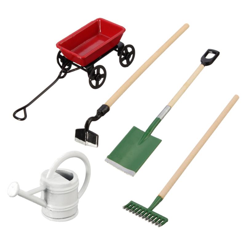 DIY Watering Can Pulling Cart Spade Rake Garden Tools For Children Dolls House Miniatures Accessories Set