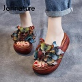 Johnature Summer Women Slippers 2020 New Genuine Leather Women Shoes Slides Floral Wedges Outside Wear Platform Ladies Slippers