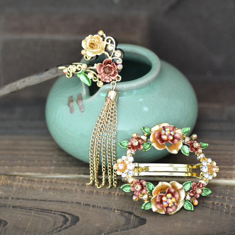 Vintage Tassel Flower Blossom Hair Sticks Women Retro Banquet Hair Jewelry Painting Flower Hair Clip Barrettes