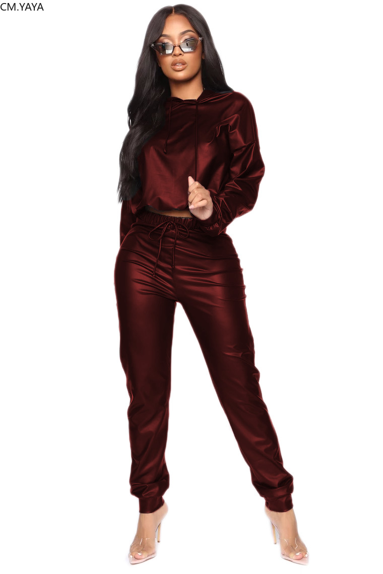 2020 New Winter Women sets Hooded Full Sleeve Crop Top Pants Suit Two Piece Set Casual PU Leather Fitness Tracksuits GL2052