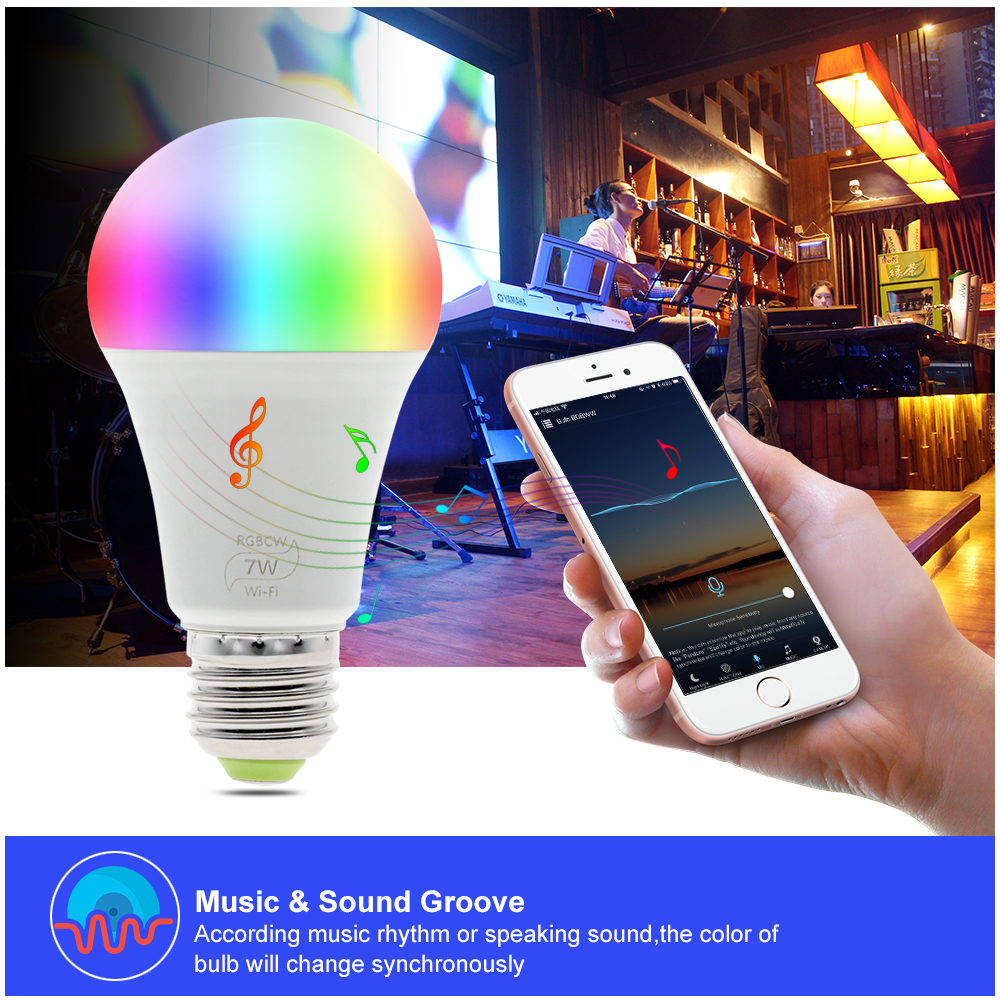 Smart WIFI LED Bulb work with Amazon Alexa & Google Home RGB + Warm Light + White Light E27 7W AC85-265V LED Bulb Light.