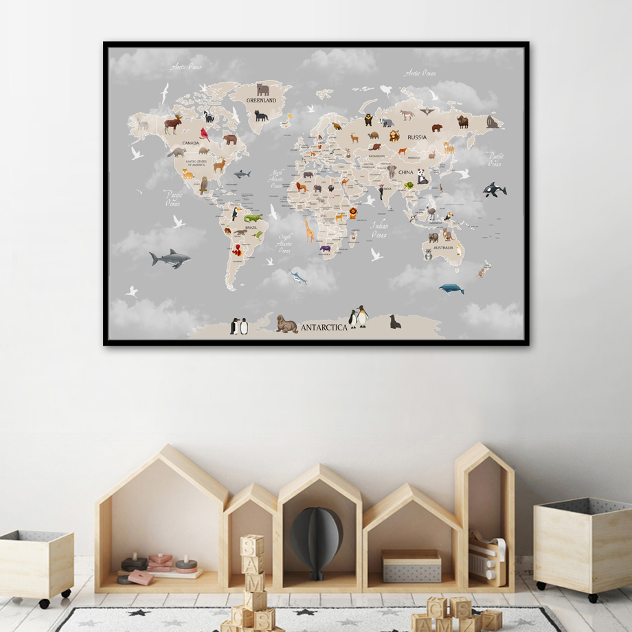 Cartoon Animal Map Lion Panda Nordic Posters And Prints Wall Art Canvas Painting Nursery Wall Pictures For Baby Kids Room Decor