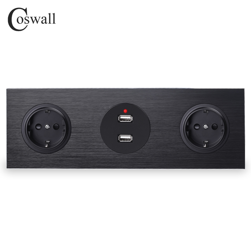 Coswall Black Aluminum Panel 16A Double EU Standard Wall Power Socket Grounded + Dual USB Charging Port 2.4A Output R12 Series
