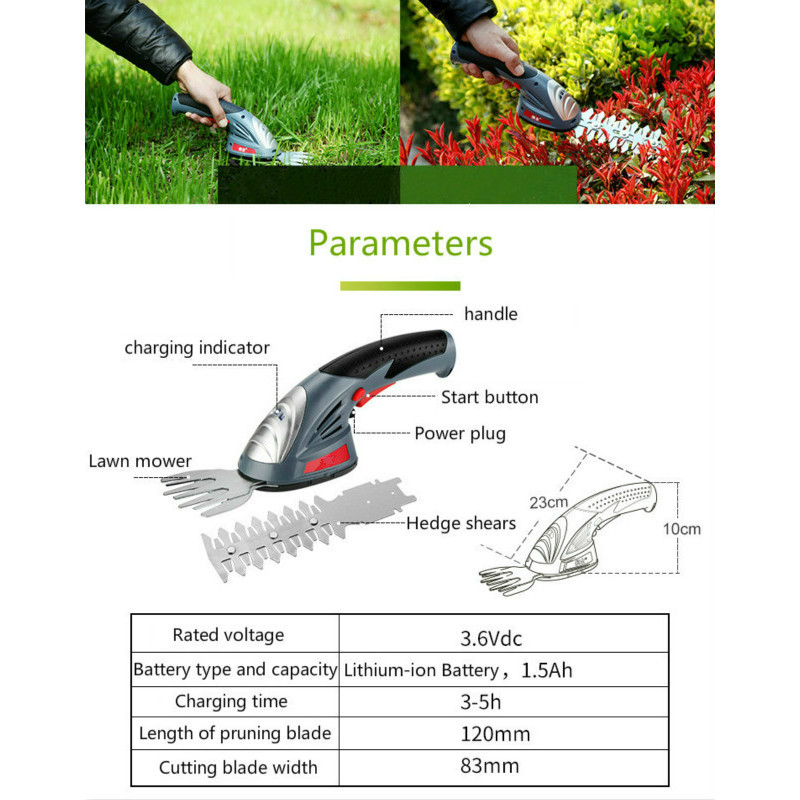 3.6V Electric Trimmer 2 in 1 Lithium-ion Battery Cordless Garden Tools Hedge Trimmer Rechargeable Hedge Trimmers for Grass