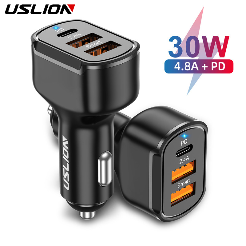 USLION PD 20W 3 USB Car Charger Quick Charge QC4.0 Universal Mobile Phone PD Type C Fast Charging For iPhone 11 Xiaomi Samsung
