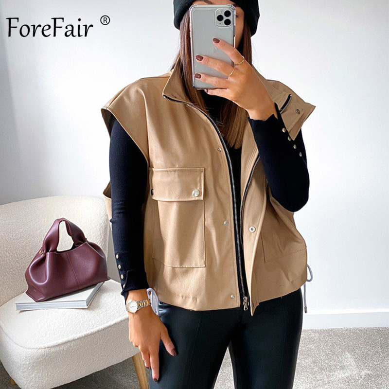 Forefair Faux Leather Women Winter Outwear 2020 Autumn Fashion Oversize Loose Casual Solid Zip Women Jacket Coat