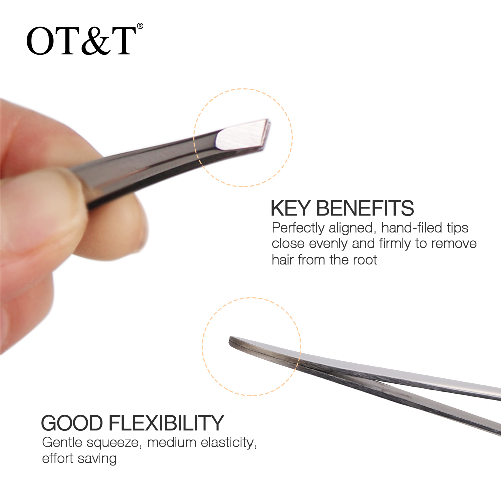 OT&T Eyelash Tweezers for Eyelashes Extensions Sliver Stainless Steel Eyebrow Hair Removal Tweezer Flat Tip Facial Makeup Tools