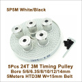 POWGE 5pcs 24 Teeth 3M Timing Pulley Bore 5/6/6.35/8/10/12/14mm + 5meters W=15mm HTD 3M PU Timing Belt 24T 24Teeth 3M Pulley