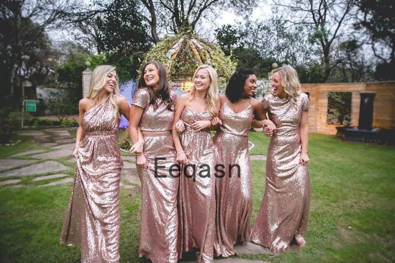 Sparkly Rose Gold Bridesmaid Dress 2020 Cheap Long Mermaid Custom Sequined Wedding Guest Dress Formal Party Plus Size