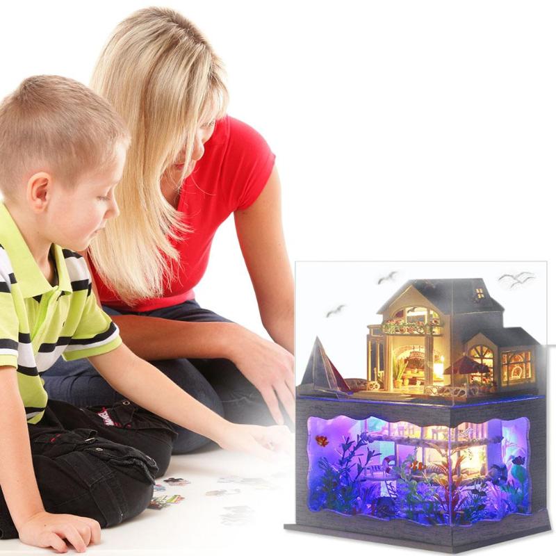 Villa Doll House Furniture LED Light DIY Wooden Mini Dollhouse Assemble Toy