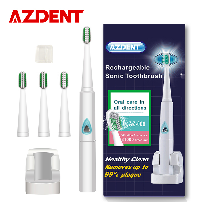 AZDENT 110v/220v Wireless Rechargeable Ultrasonic Electric Toothbrush Sonic Teeth Tooth Brush 4 Pcs Replacement Heads Kid Adult