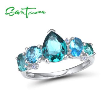 SANTUZZA Silver Rings For Women 925 Sterling Silver Newest Design Shiny Blue Crystal Cubic Zirconia Ring Trendy Fashion Jewelry