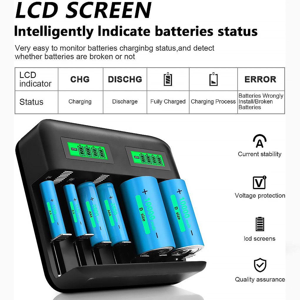 8-Slot Battery Charger USB Powered AA/AAA/C/D Rechargeable Battery Charger with LCD Display