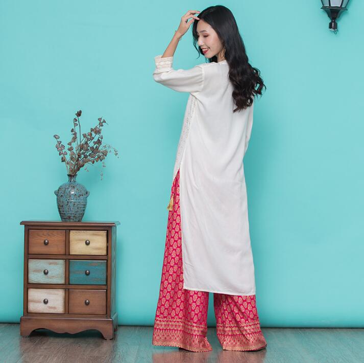 New Woman Fashion Ethnic Styles Sets Cotton Print India Kurtas Three Quarter Sleeve Long Top Pant