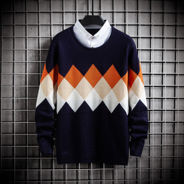 Men Casual Fake Two-piece Sweater Long Sleeve Fit-knitted Loose Male Pullover Argyle Pull Up Men Sweaters 2020 Autumn Fasion