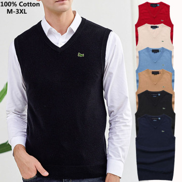 100% Cotton High Quality Autumn Winter Mens V-Neck Knitted Vest Casual Sleeveless Mens Sweaters Fashion Brand Male Tops M-3XL