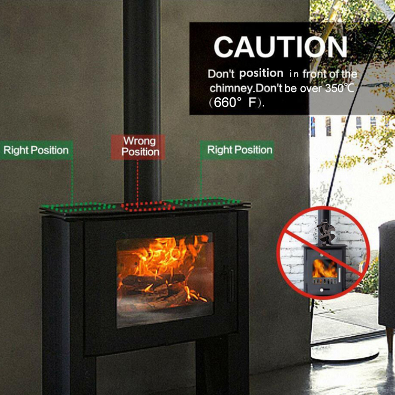 Black 4 Blades Heat Powered Stove Fan Eco Fireplace Wood Burner Quiet Energy Saving Home Efficient Distribution