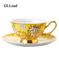 GLLead Korean Style Bone China Coffee Cup Saucer Top Grade Design In Golden Yellow Flower Teacup Porcelain Black Tea Cups Set