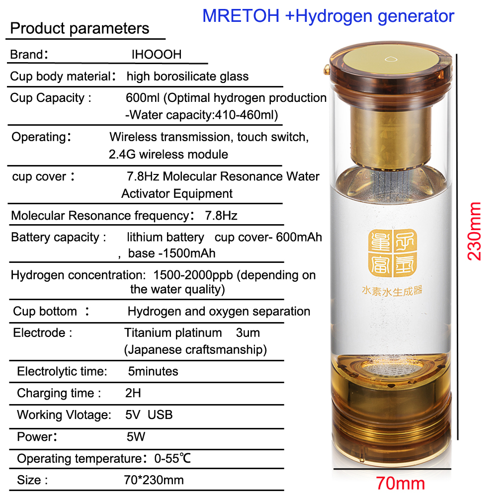 Rich Hydrogen Water Bottle H2 SPE Generator MRETOH 7.8Hz Molecular Resonance Effect 500ml Glass Cup Anti-Aging Improve Immunity