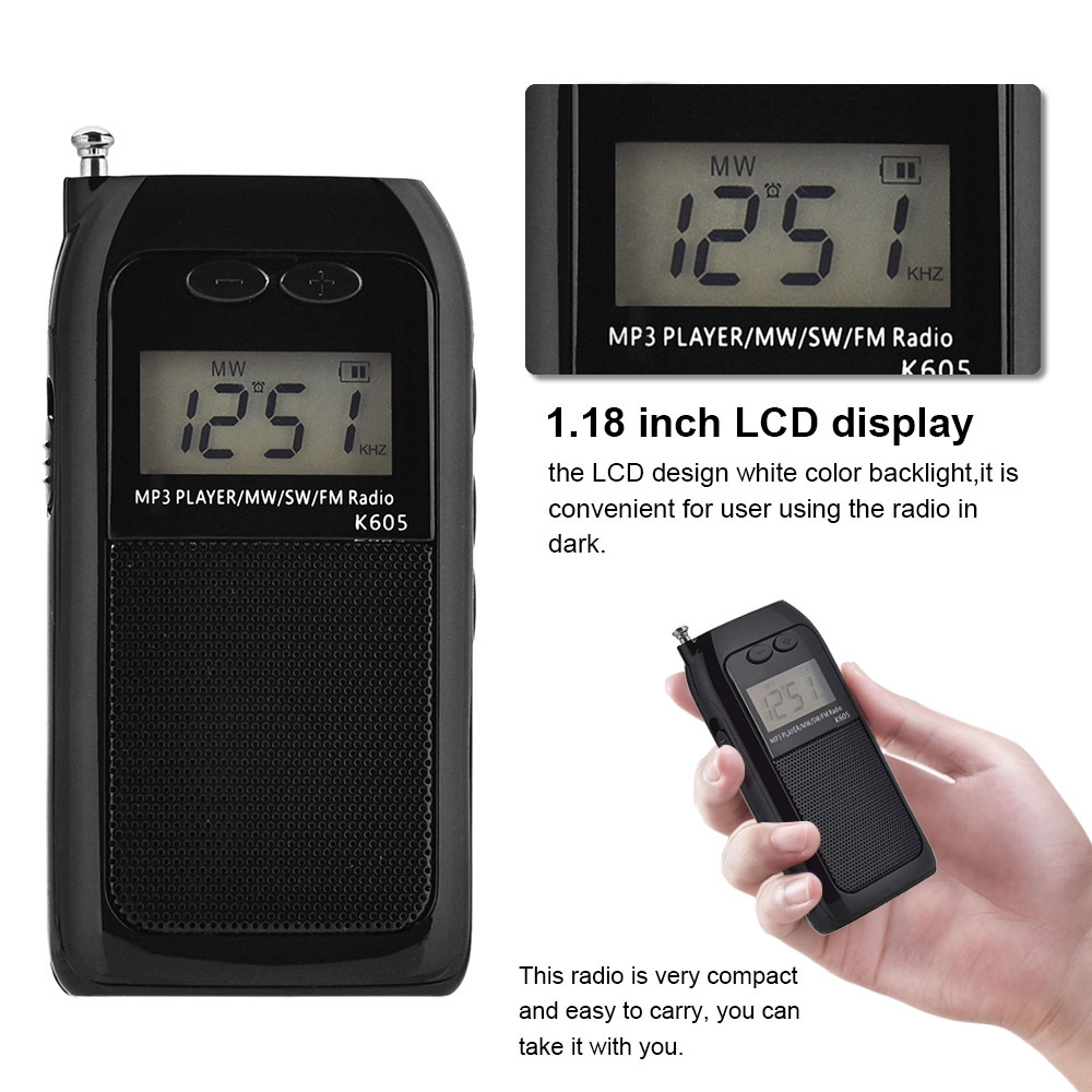 K605 Mini Pocket Radio STEREO FM AM SW MW Digital Tuning Radio Receiver MP3 Music Player Rechargeable Battery Portable Radio