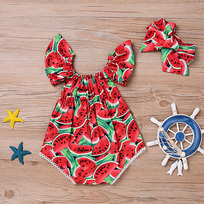 2Pcs/Set Newborn Baby Girls Watermelon Clothes Butterfly sleeves Romper Jumpsuit +Headband Outfits Playsuit