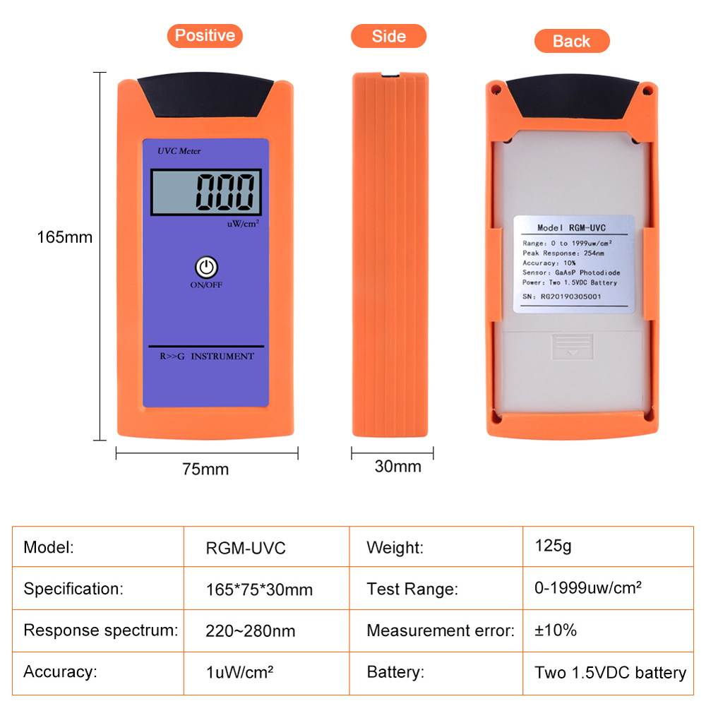 RGM-UVC Reptile with UV Radiation Meter Ultraviolet Irradiance Meters High Accuracy UV Illuminance Meter UVC Luminosity Tool