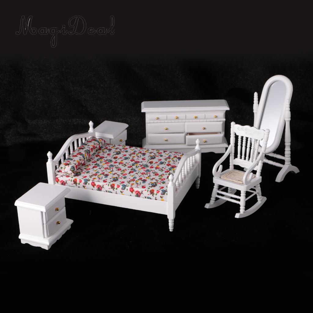 MagiDeal Cute 1:12 Dollhouse Miniature White Wooden European Retro Bedroom Furniture Set for Kids Playing House Game Toy Gift