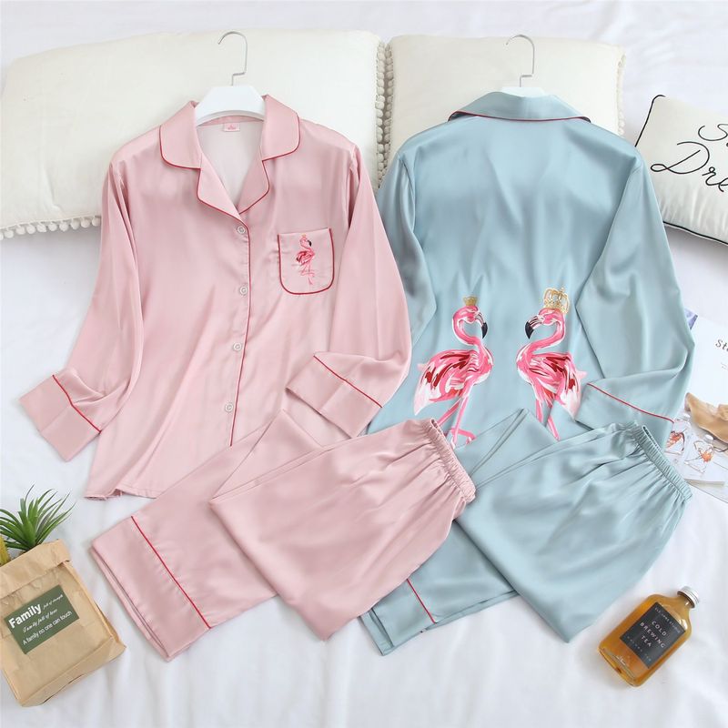 QWEEK Silk Women Pajamas Sleepwear Pijamas Ladies Pyjamas Satin Sleep Lounge Home Clothes Nightwear Flamingo Print Homewear