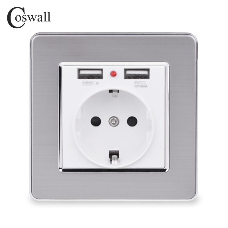 Coswall Best Dual USB Port 5V 2.1A Electric Wall Charger Adapter EU Plug Socket Switch Power Dock Station Charging Outlet Panel