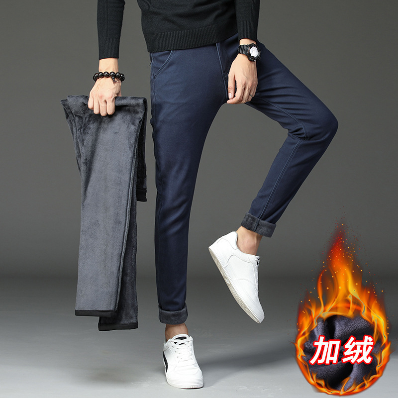 Winter Pants Men Fleece Classic Warm Thick Hot Autumn Straight Stretch Male Trousers Cotton Solid Casual Zipper 38