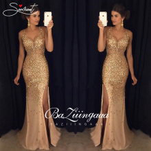 SALE New Elegant Woman Evening Gown Double V-neck gold glitter sexy elegant evening dress Suitable for Formal Parties