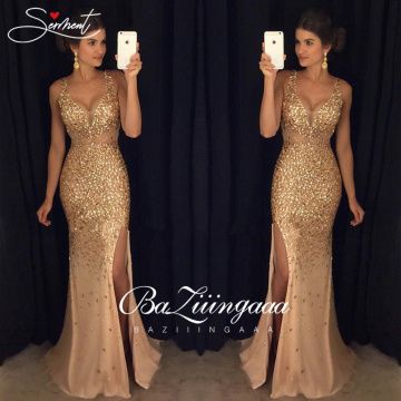 SALE New Elegant Woman Evening Gown Double V-neck gold glitter sexy elegant evening dress Suitable for Formal Parties