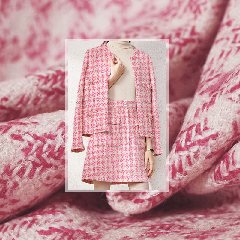 Whitewaxberry Pink White Plaid Tweed Fabrics 100%Wool Garment Materials Spring Women Coat Jacket Skirt Sewing Cloth Freeshipping