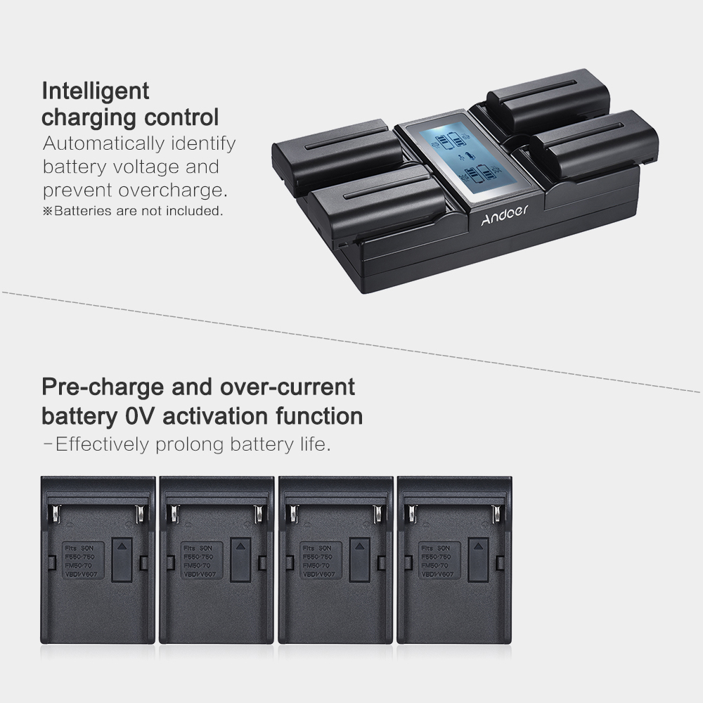 Andoer NP-F970 4-Channel Digital Camera Battery Charger for Sony NP-F550 F750 F950 NP-FM50 FM500H QM71 with DC Car Charger