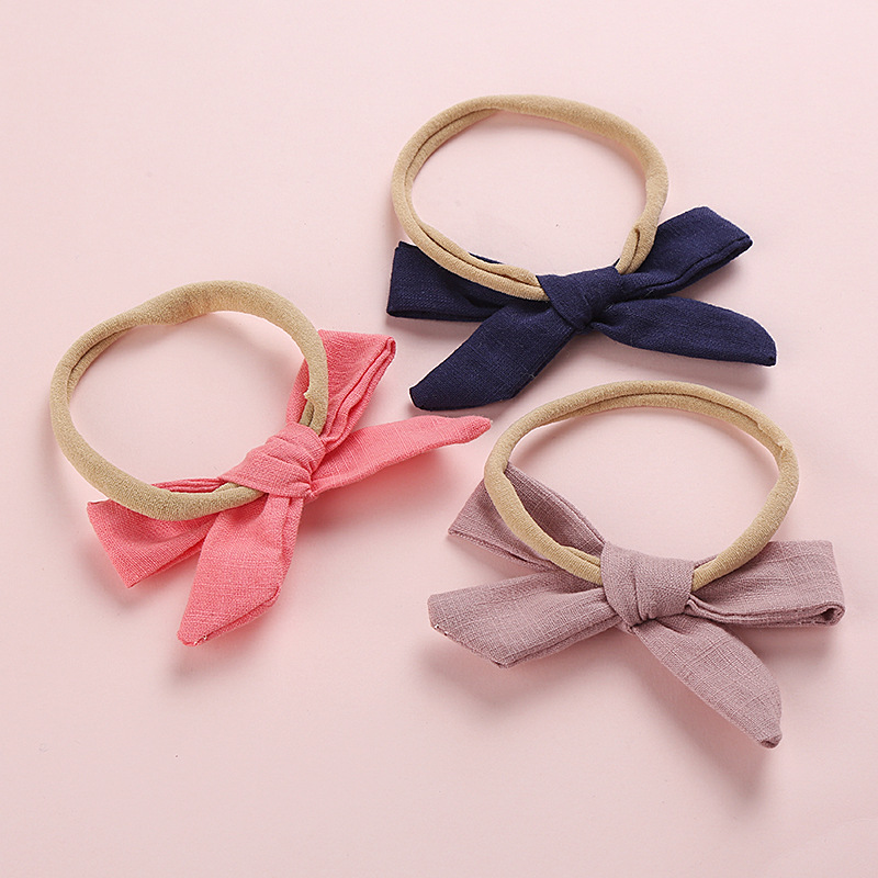 New Baby Toddler Cotton Linen Nylon Bow Headband Solid Color Seamless Kids Top Bows Elastic Hair Bands Headwrap Hair Accessories