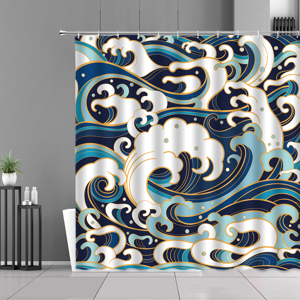 Japanese Great Wave Shower Curtains Sea Waves Pattern Landscape Waterproof Bath Curtain Bathroom Decor Screen Bathtub Partition