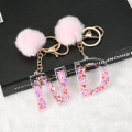 1PC Women Keychains 26 Glitter Hollowed-out Words Handbag English Letter Keyring with Puffer Ball Charms