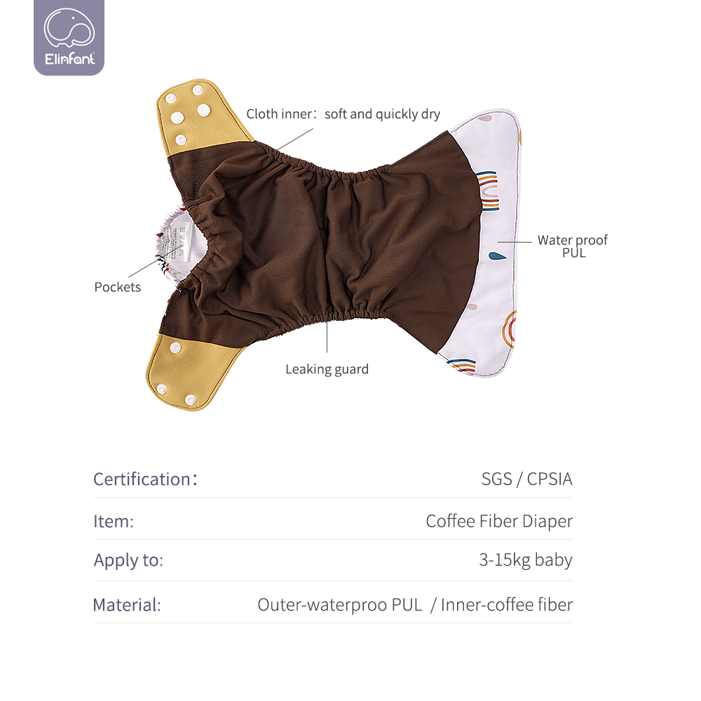 Elinfant Eco-friendly Diaper Adjustable Reusable Coffee Fiber Diaper Pocket Fit 3kg~15kg Baby Nappies LABS Pants Waterproof Pul